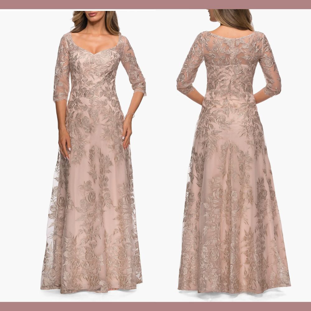 NWT $619 La Femme [‎ 14 ] Floral Embroidered Mesh A-Line Gown Champagne